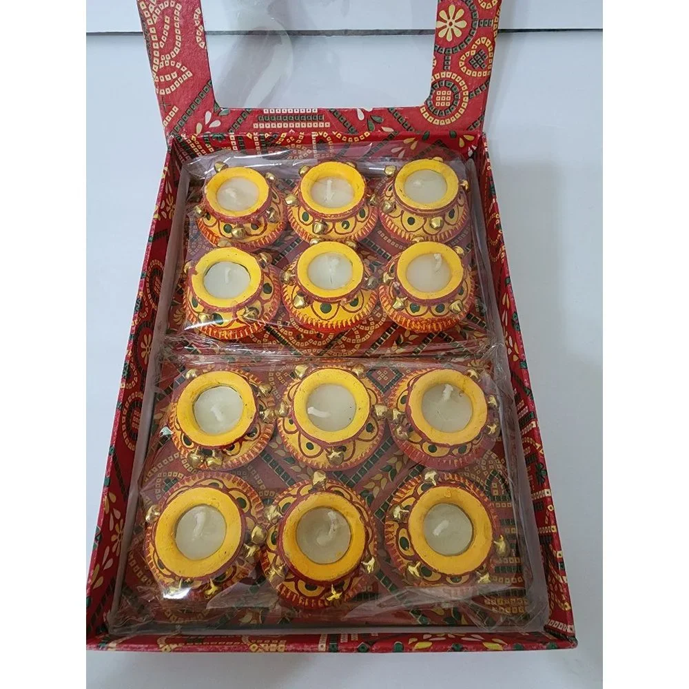 12 Mini Round Festive Candles with Bells - Yellow, Red, and Green
